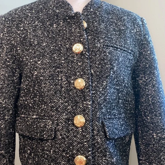 H&M Tweed Cropped Jacket Medium Black White Boucle Blazer Gold Buttons Classic - Picture 10 of 14